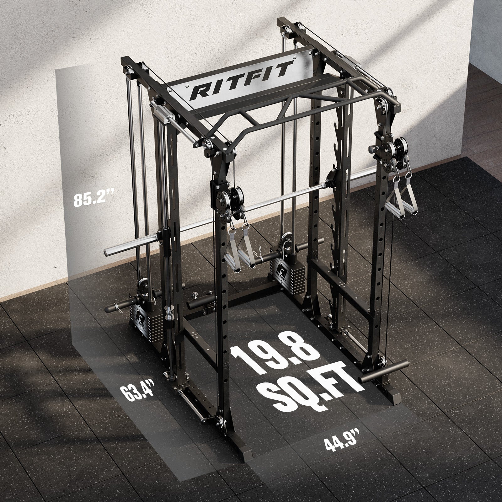 Black RitFit P9 Multi-Functional Modular Power Cage with 3D Smith Machine and dual cable system on rubber floor