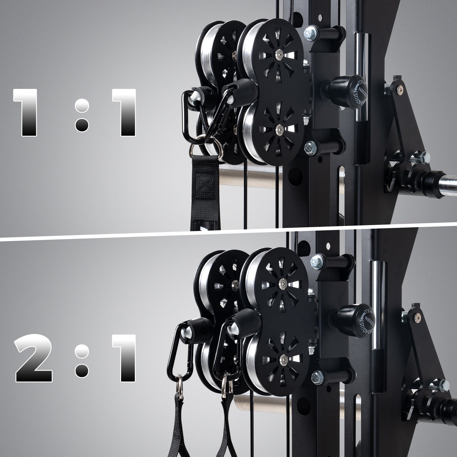 RitFit P9 power cage dual cable system showing 1:1 and 2:1 pulley ratios
