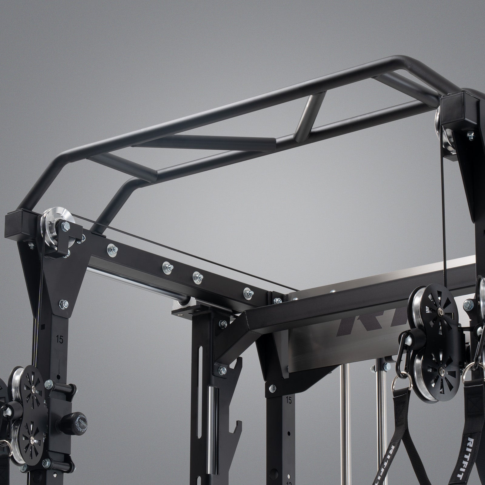 Black RitFit P9 Multi-Functional Modular Power Cage top frame with dual cable pulleys and Smith machine rails