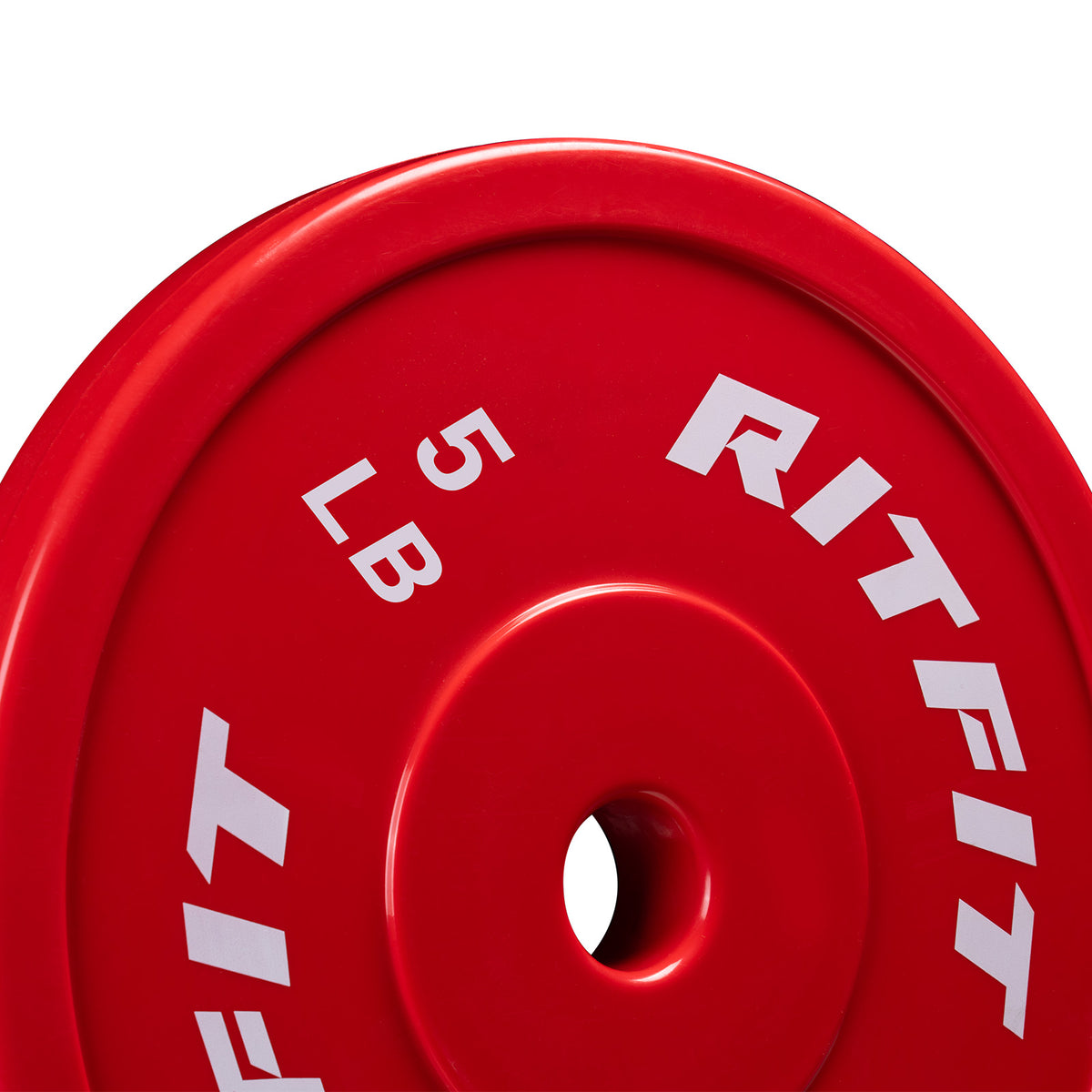 Red RitFit PE weight plate showing 5 LB text and center hole