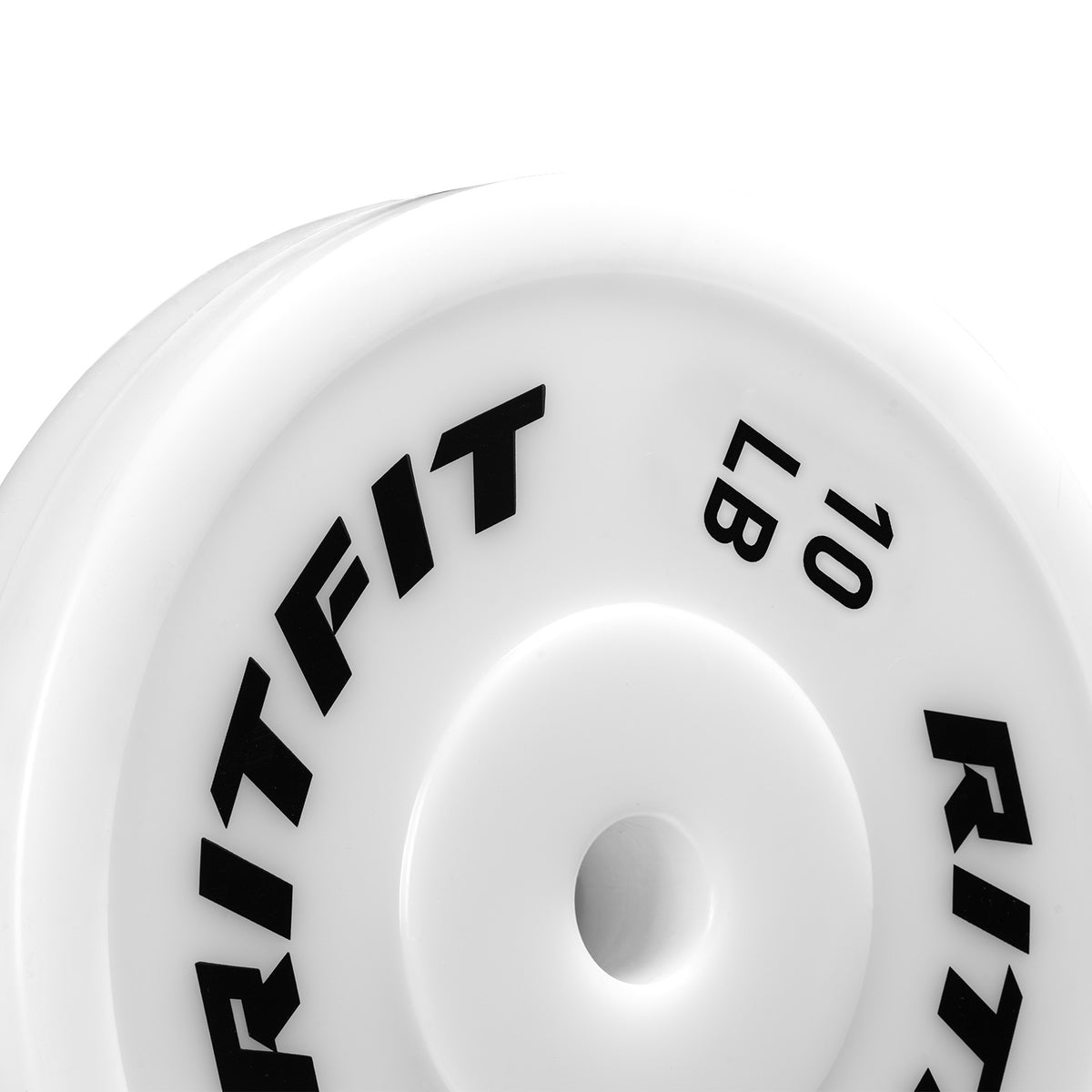 White RitFit PE weight plate showing 10 LB text and center hole