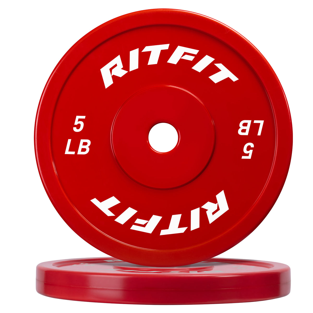 Red RitFit PE weight plates stacked showing 5 LB marking
