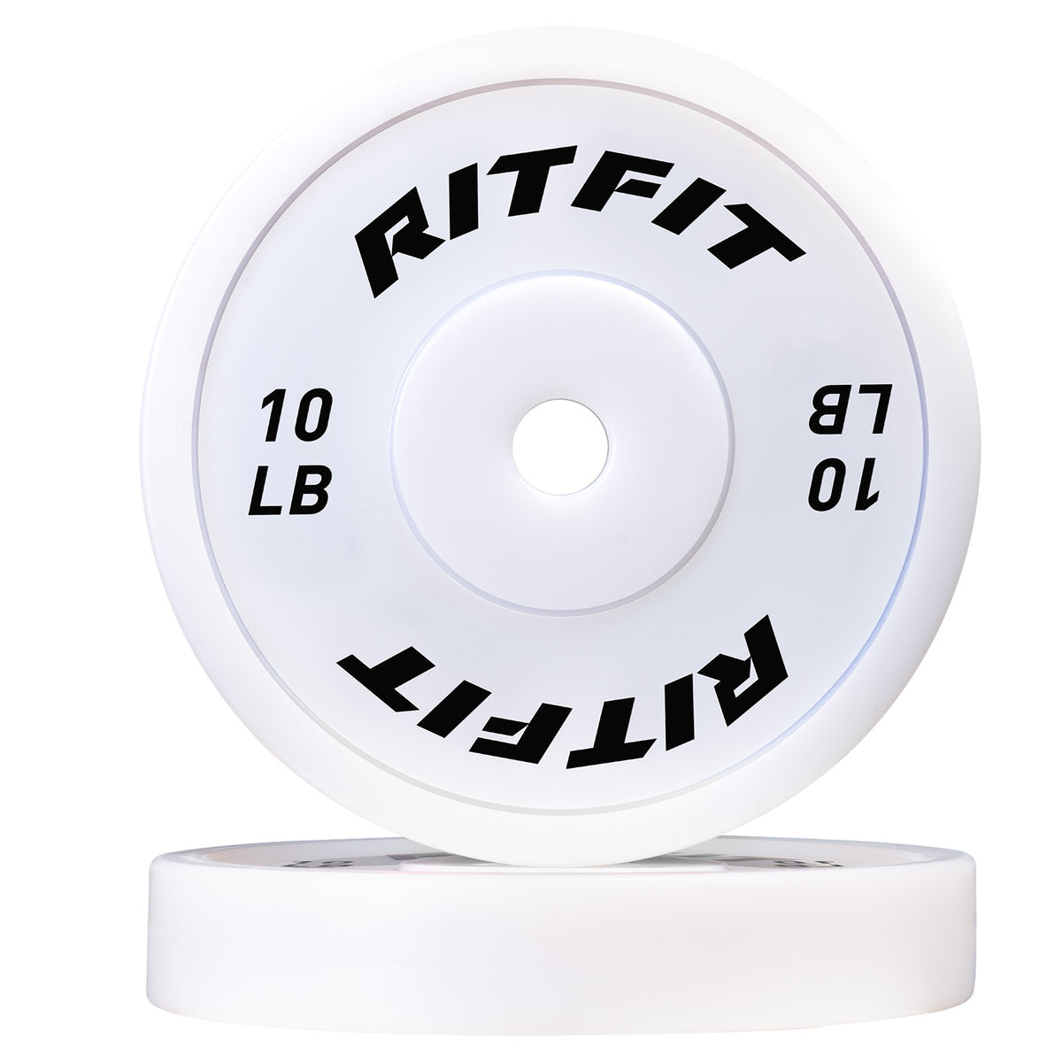 White RitFit PE weight plates showing 10 LB black text on smooth surface