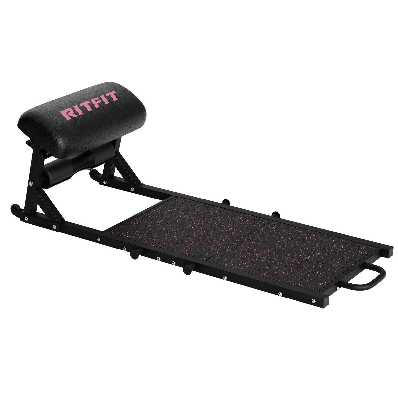 Black RitFit PHM02 Hip Thrust Machine with pink logo and textured footplate on white background