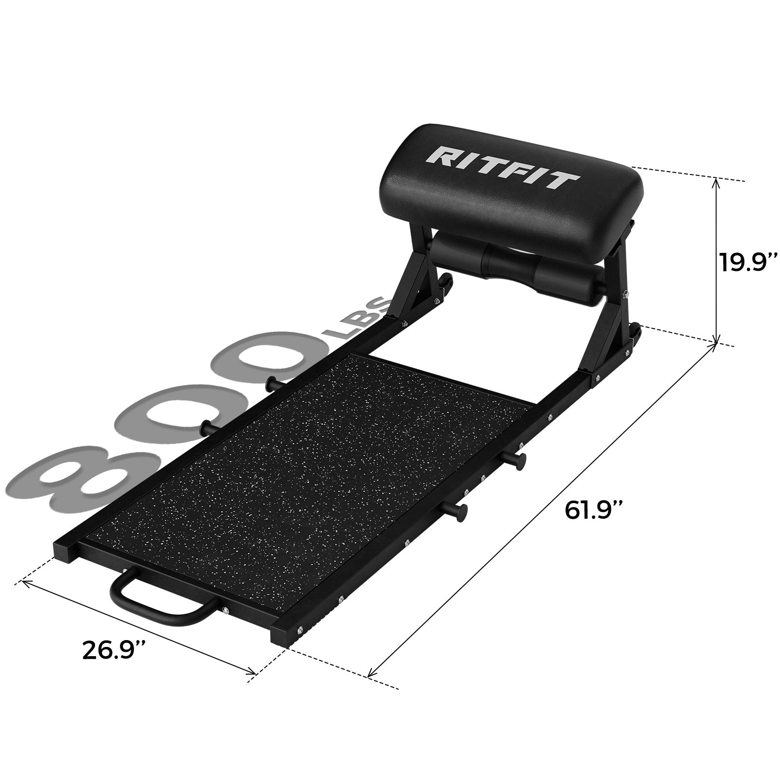 Black RitFit PHM02 Hip Thrust Machine with padded backrest and textured platform showing dimensions