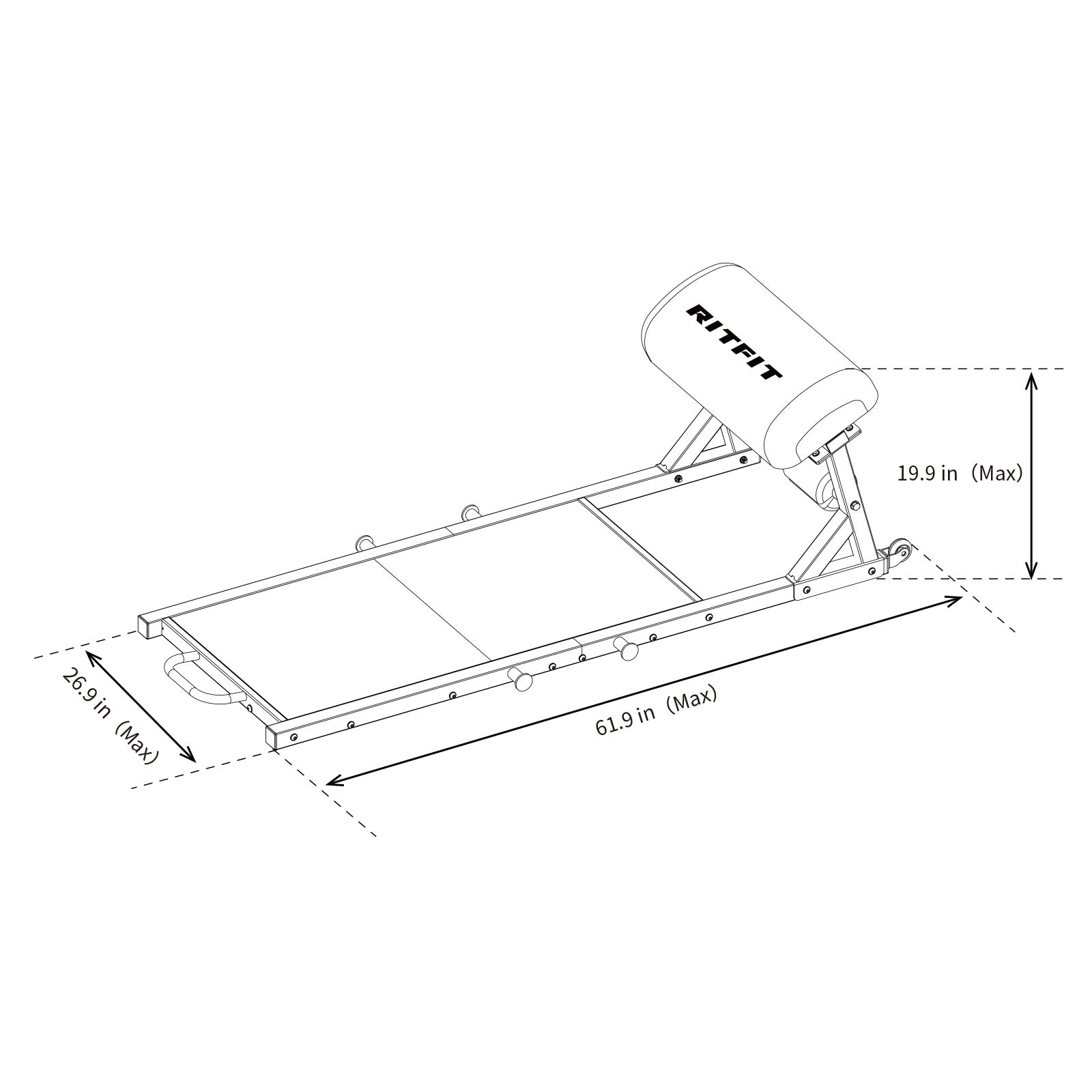 RitFit PHM02 Hip Thrust Machine line drawing with max dimensions 61.9in length and 19.9in height