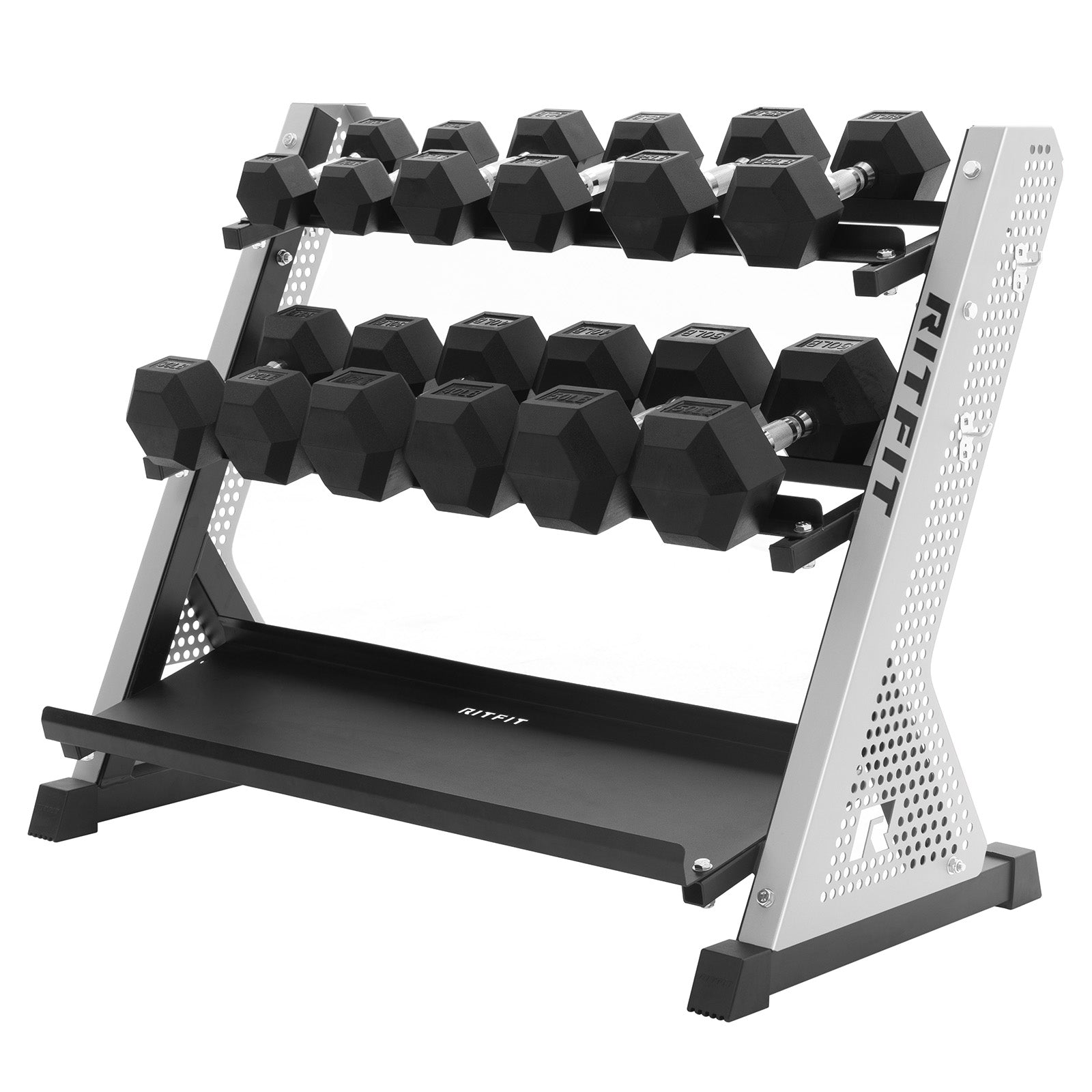 RitFit PWR05 Silver 3-Tier Weight Rack with Rubber Hex Dumbbell 350LBS