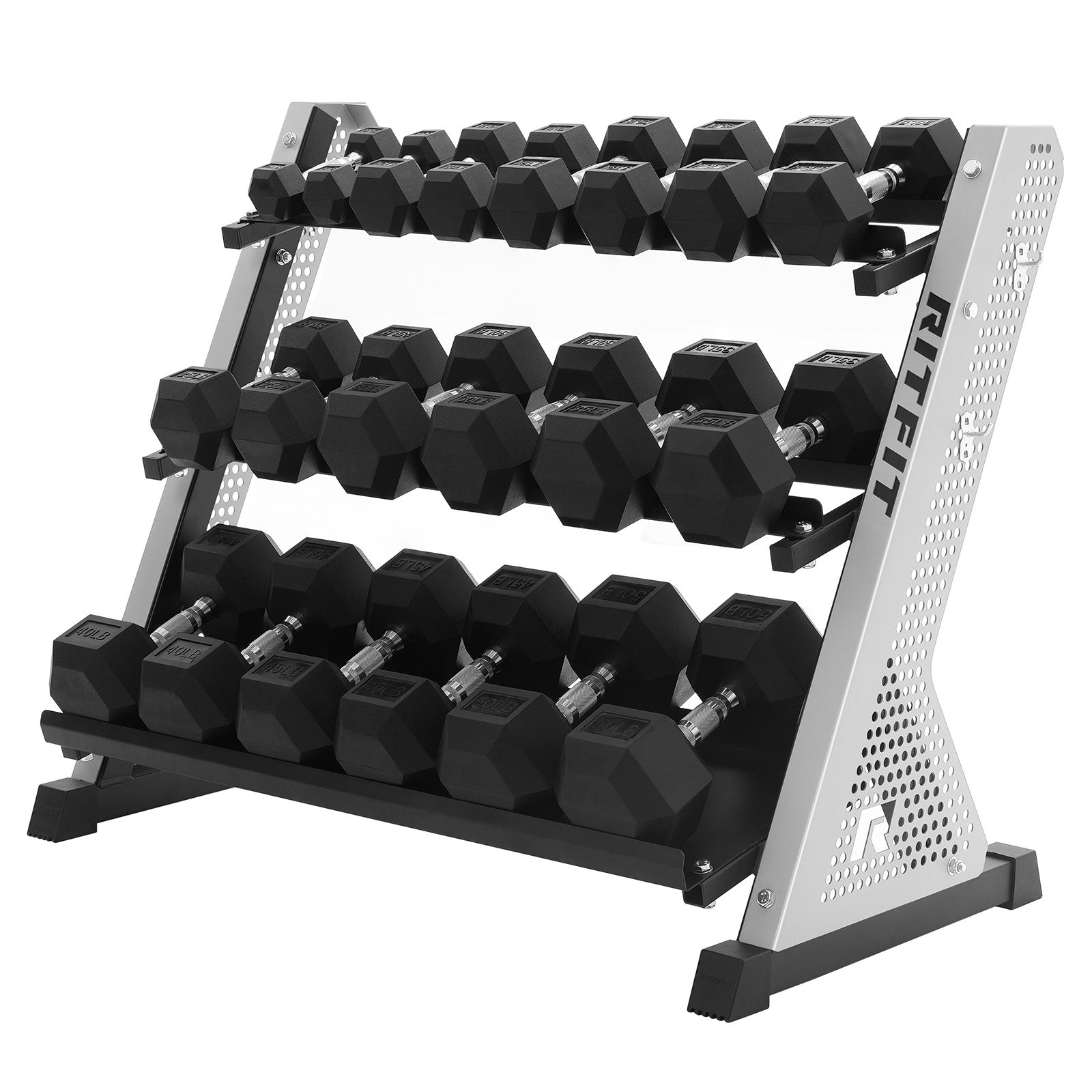 RitFit PWR05 Silver 3-Tier Weight Rack with Rubber Hex Dumbbell 550LBS