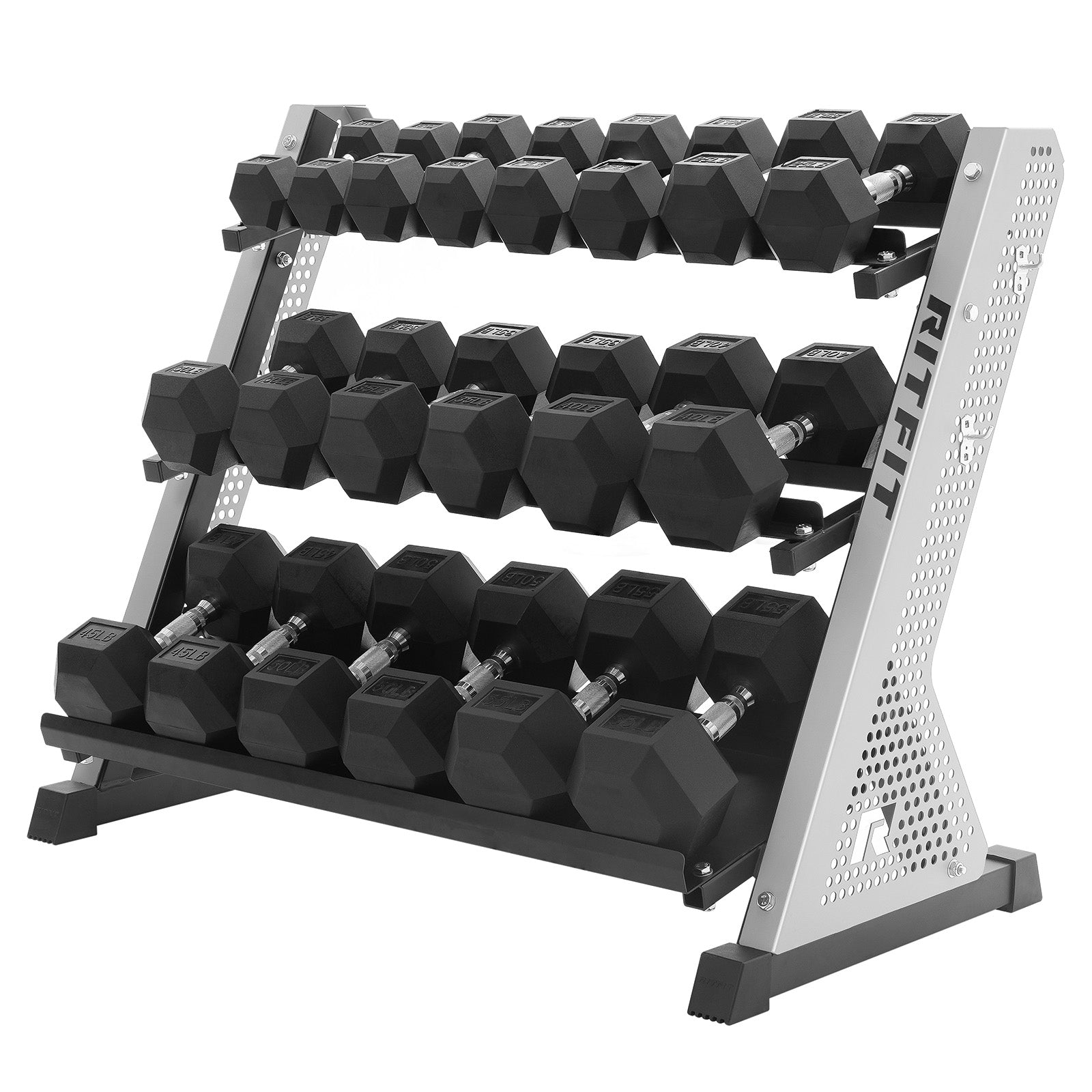 RitFit PWR05 Silver 3-Tier Weight Rack with Rubber Hex Dumbbell 650LBS