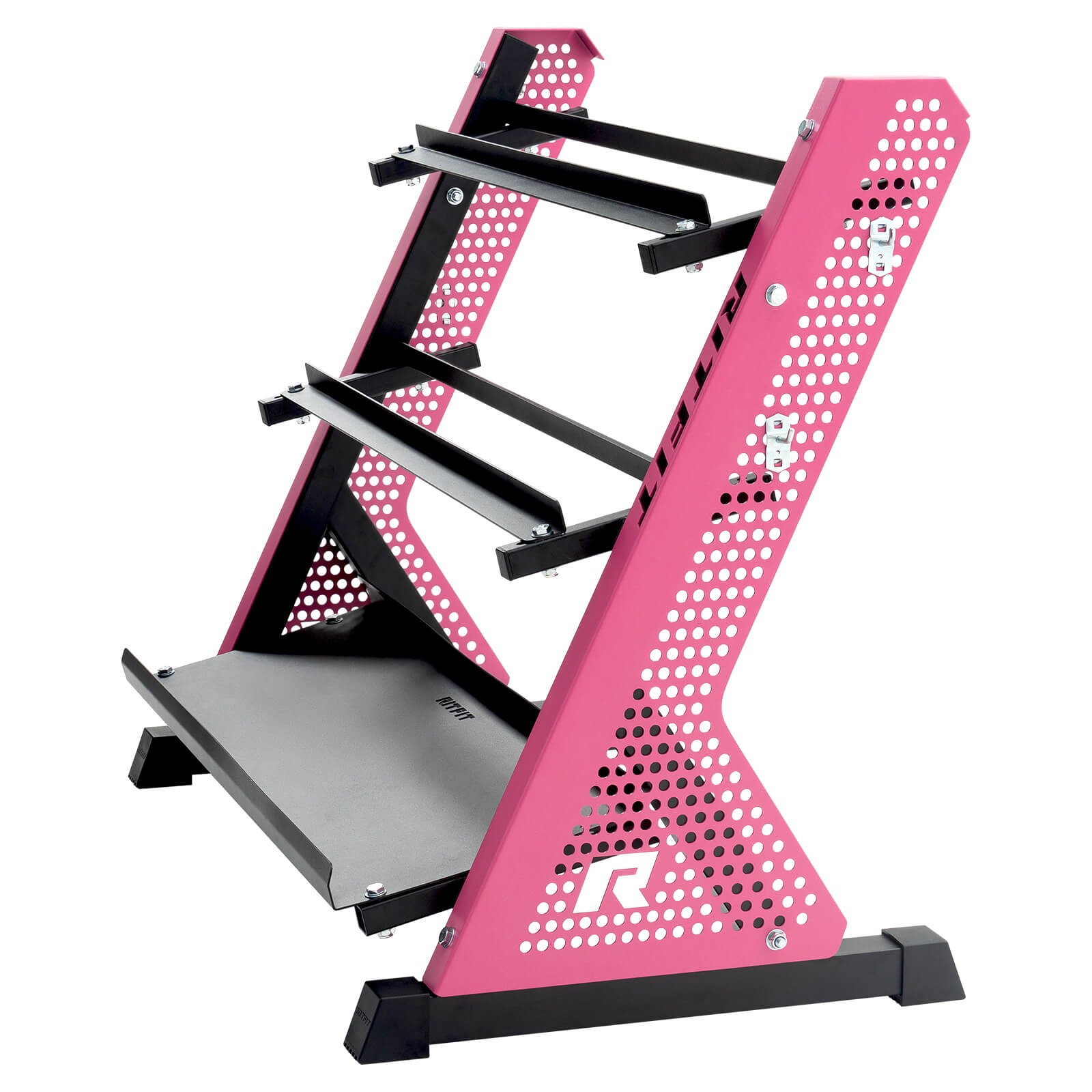 Pink RitFit PWR05 3-tier dumbbell weight rack with multiple slots, designed for organized home gym weight storage.