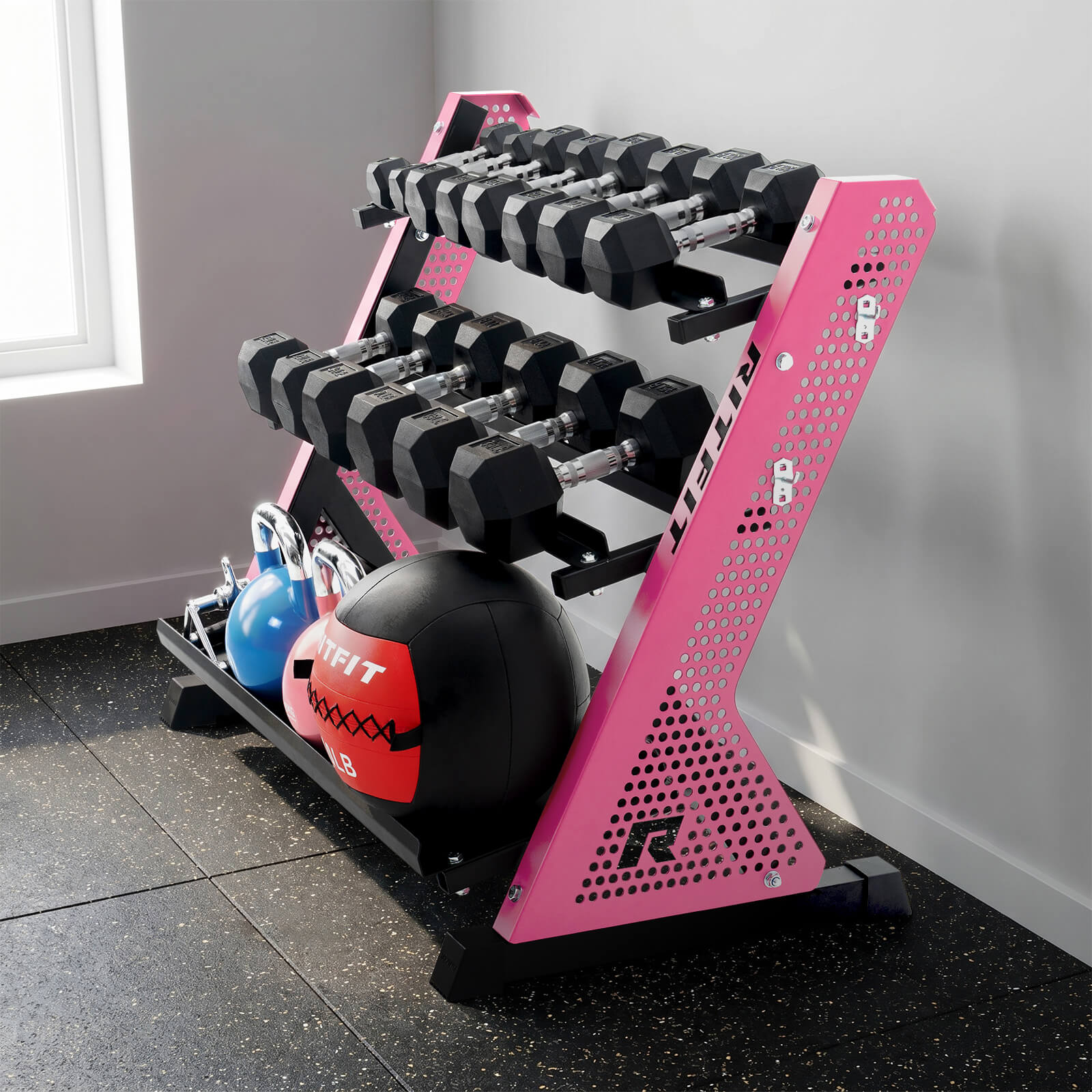 RitFit PWR05 3-tier dumbbell weight rack holding various gym weights in a fitness room.