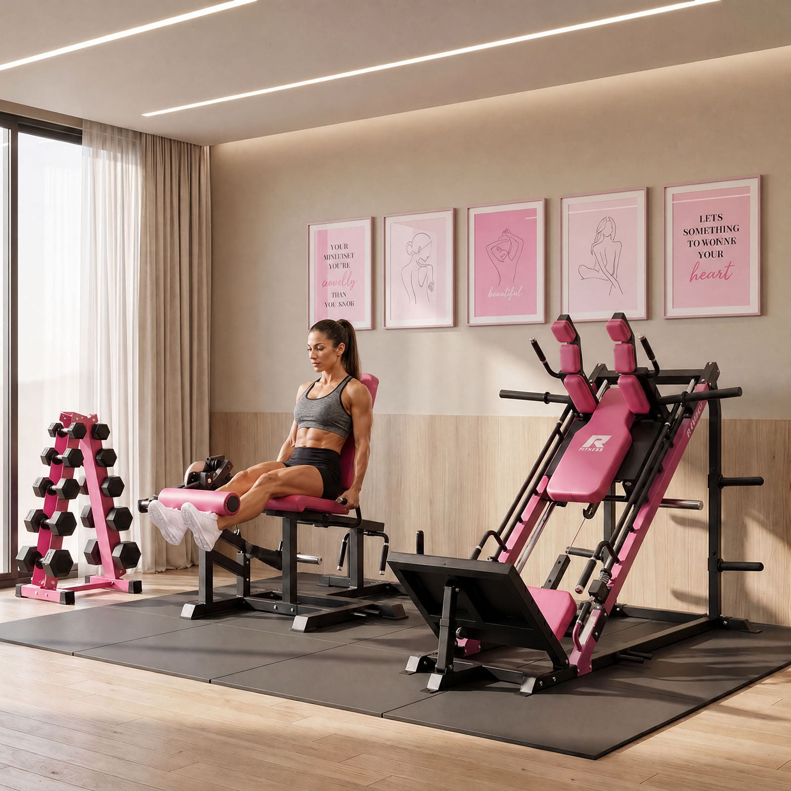 Woman exercising on a pink and black fitness machine in a well-lit room with motivational posters on the wall.