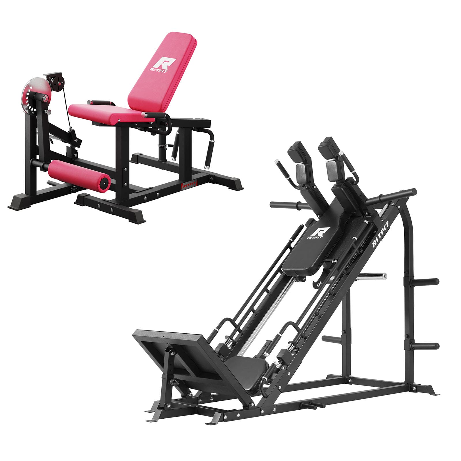 Gym equipment including a pink weight bench and black leg press machine on a white background