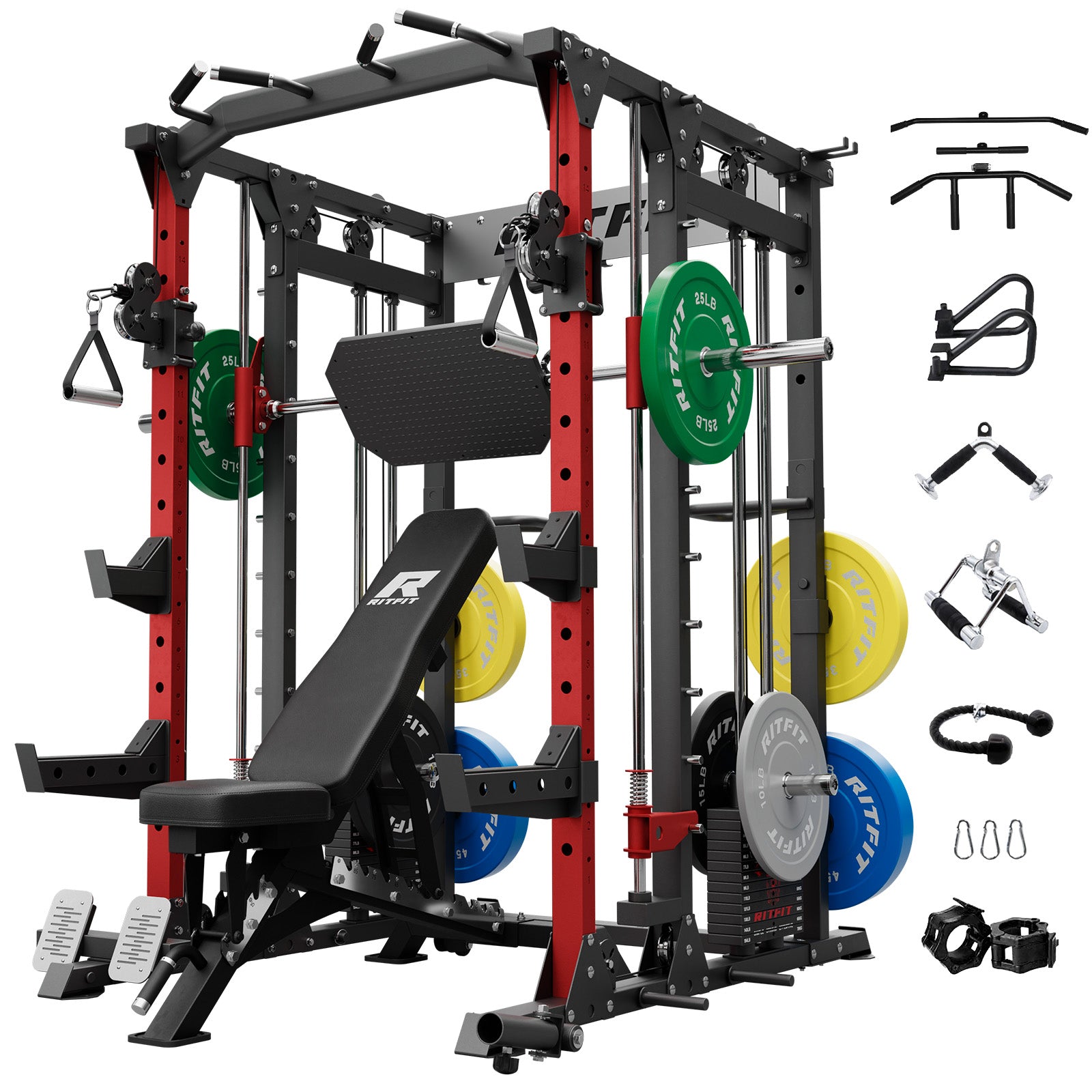 RitFit Buffalo Smith Machine home gym package with weight stack, featuring a sturdy steel frame and adjustable workout components.