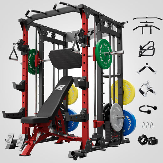 RitFit Buffalo Smith Machine home gym package with weight stack, featuring a sturdy steel frame and adjustable workout bars.