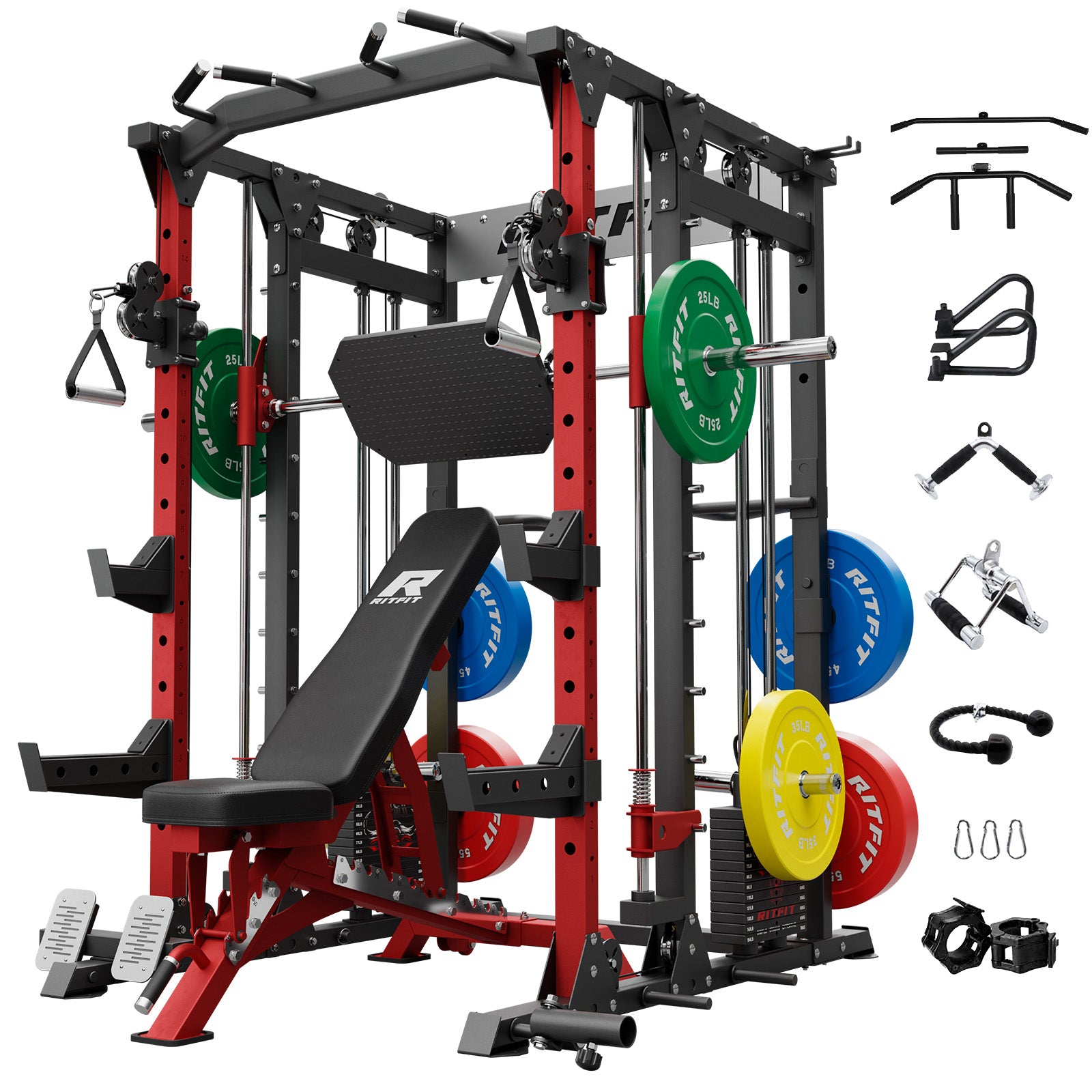 RitFit Buffalo Smith Machine home gym package with weight stack, featuring a sturdy steel frame and adjustable safety bars.