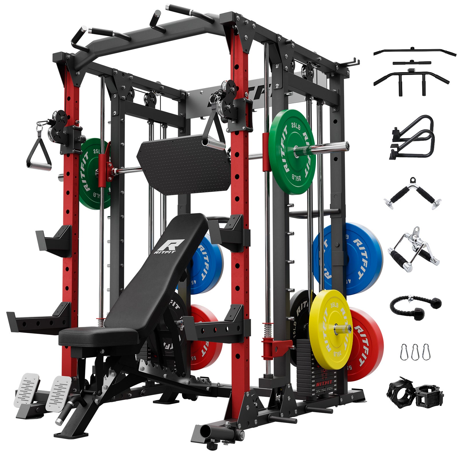 RitFit Buffalo Smith Machine home gym package with weight stack, featuring a sturdy steel frame and adjustable safety bars.