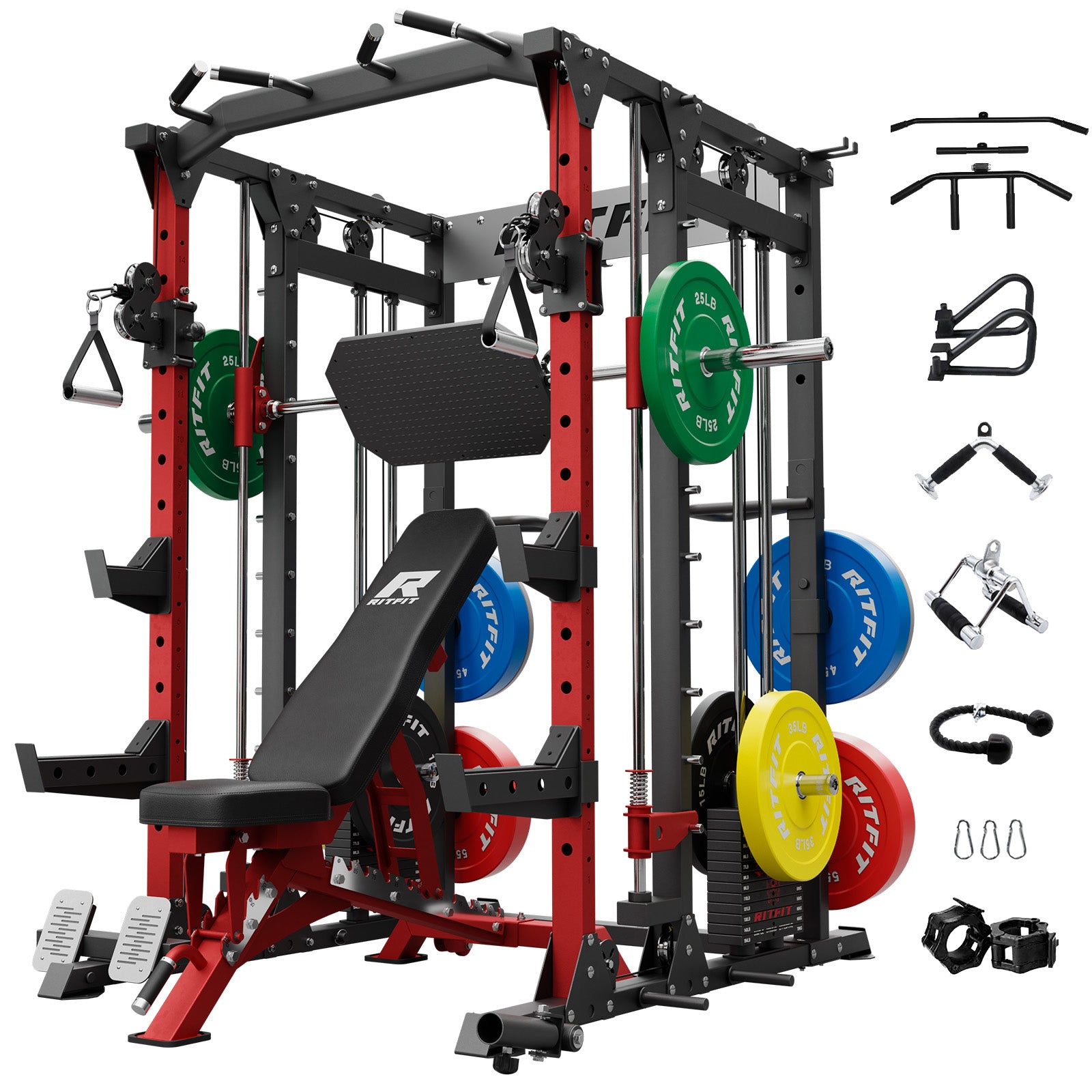 RitFit Buffalo Smith Machine Home Gym Package with weight stack, featuring a sturdy metal frame and adjustable safety bars.