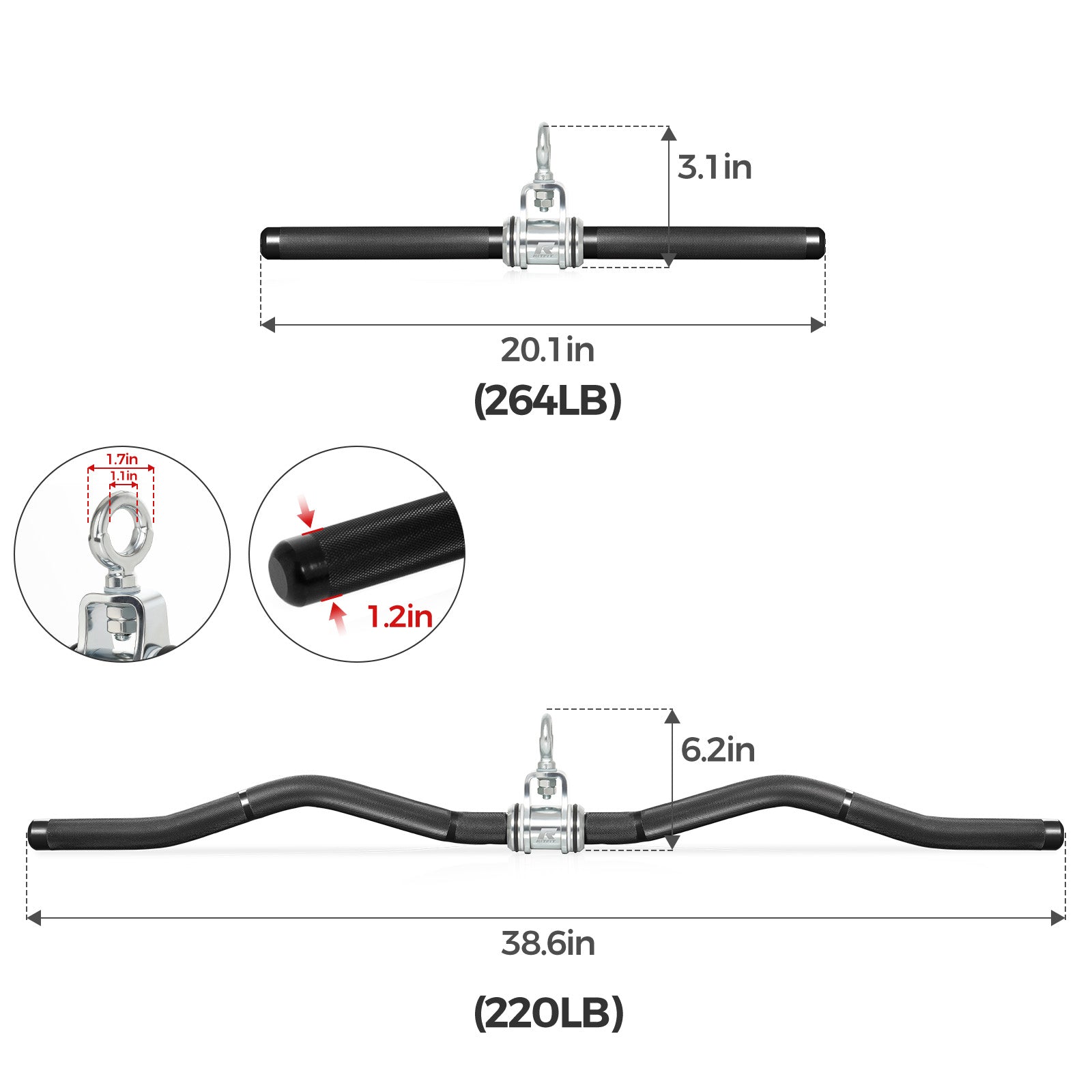 RitFit Aluminum Alloy Handle Set Long W-Shaped and Short Straight Bar for Cable Machine