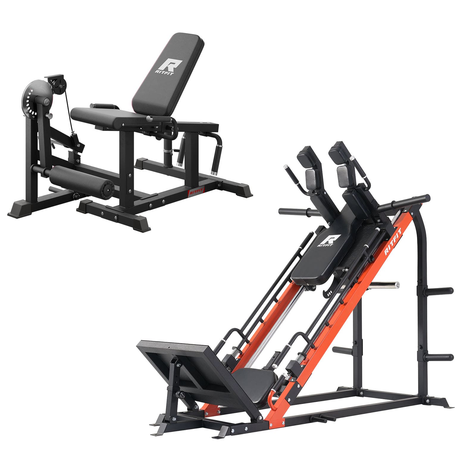 Gym equipment including a leg press machine and weight bench on a white background