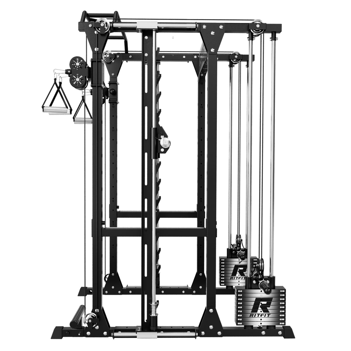 Black RitFit P9 Multi-Functional Modular Power Cage With 3D Smith Machine and Adjustable Dual Cable System