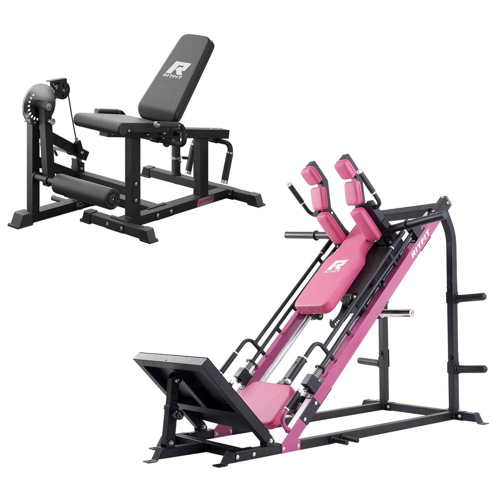 Black and pink Strength Machines on a white background