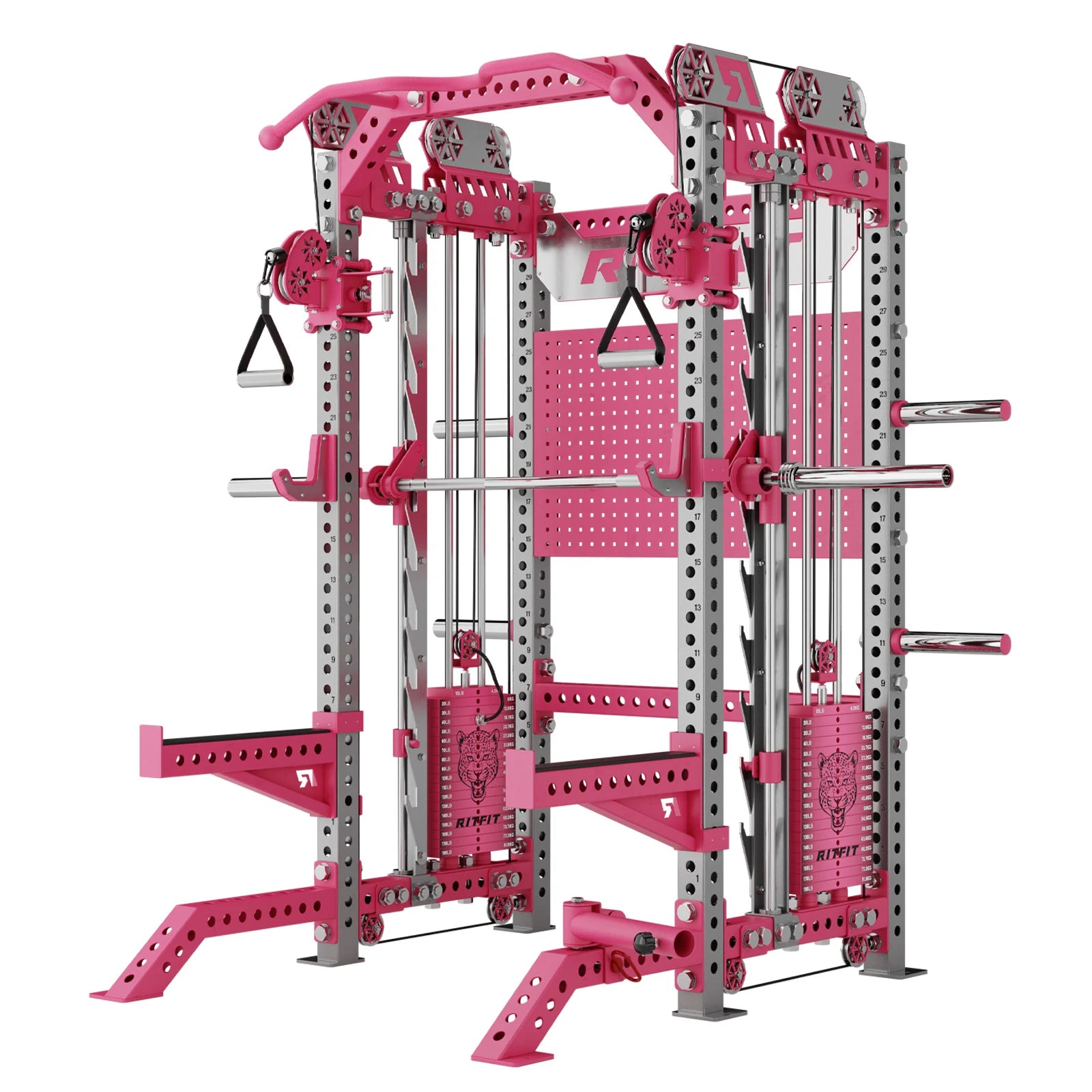 RitFit M3 Home Gym Smith Machine with cable crossover rack in pink and silver, featuring multiple weight storage pegs.