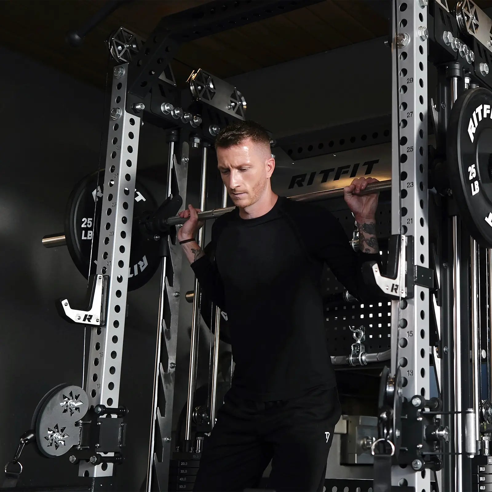 RitFit M3 Home Gym Smith Machine with cable crossover, featuring a power rack, back squat setup, and adjustable fitness components.