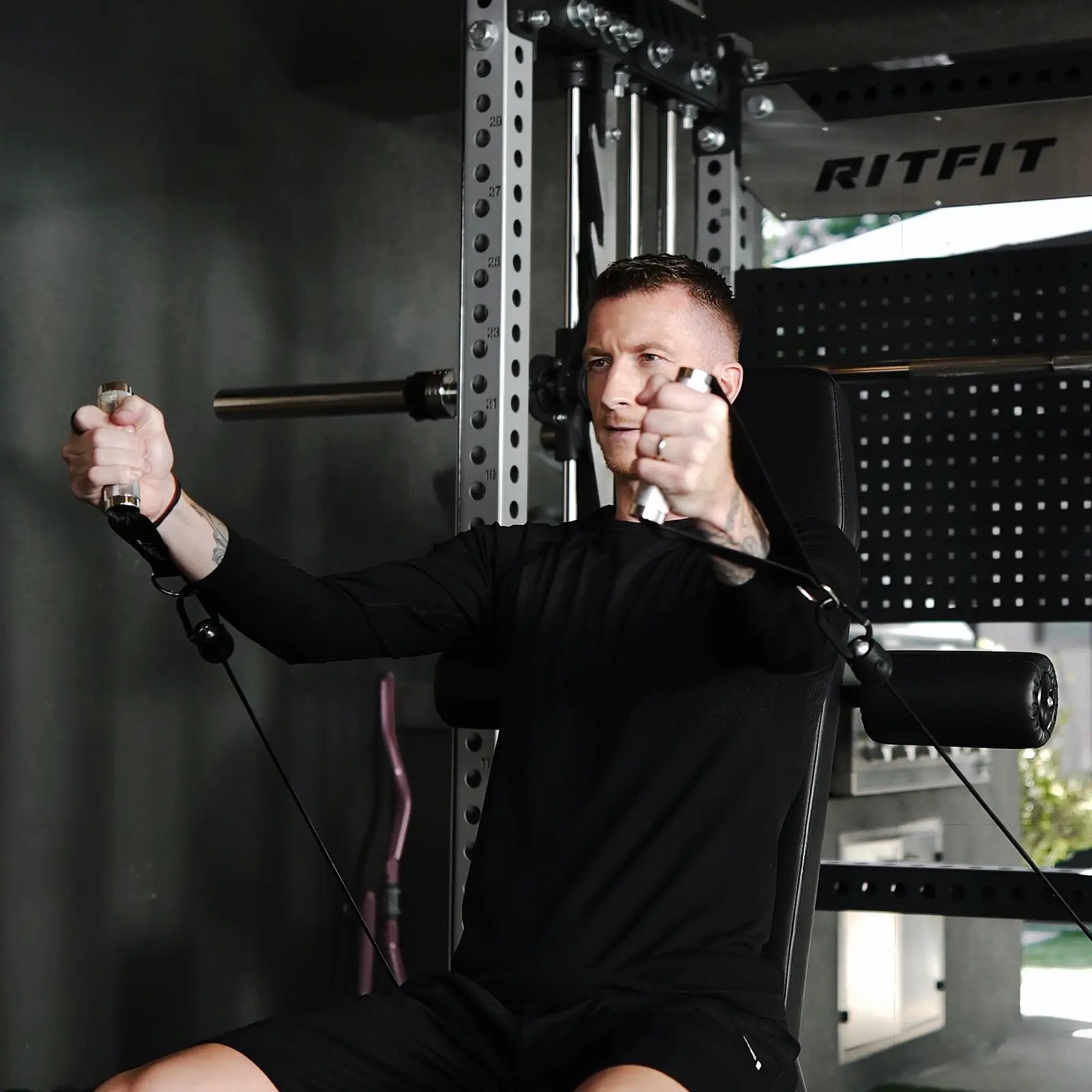 RitFit M3 Home Gym Smith Machine with cable crossover, power rack, and seated chest fly setup for strength training exercises.