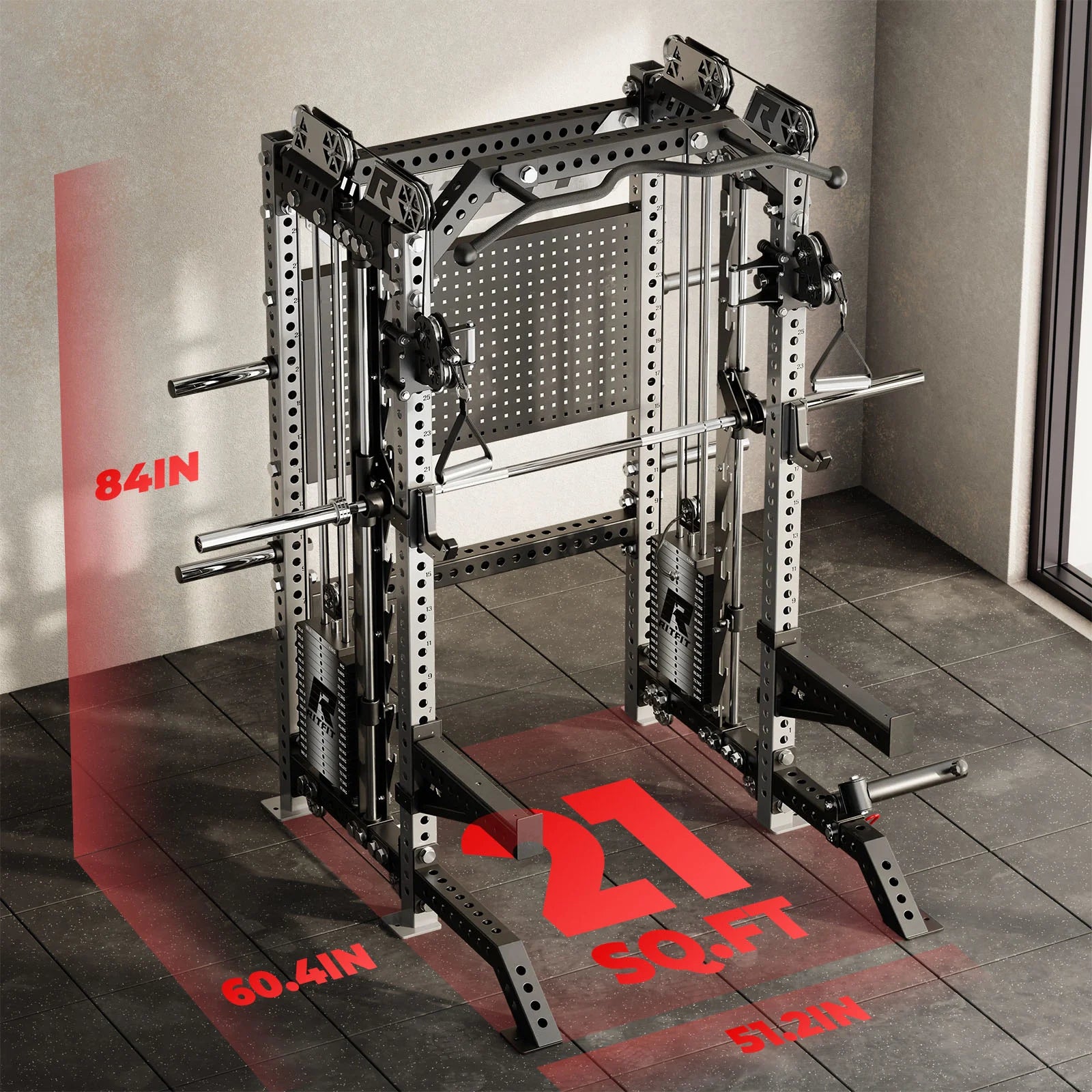 RitFit M3 Home Gym Smith Machine with Cable Crossover rack, featuring sturdy steel frame and multiple workout stations.