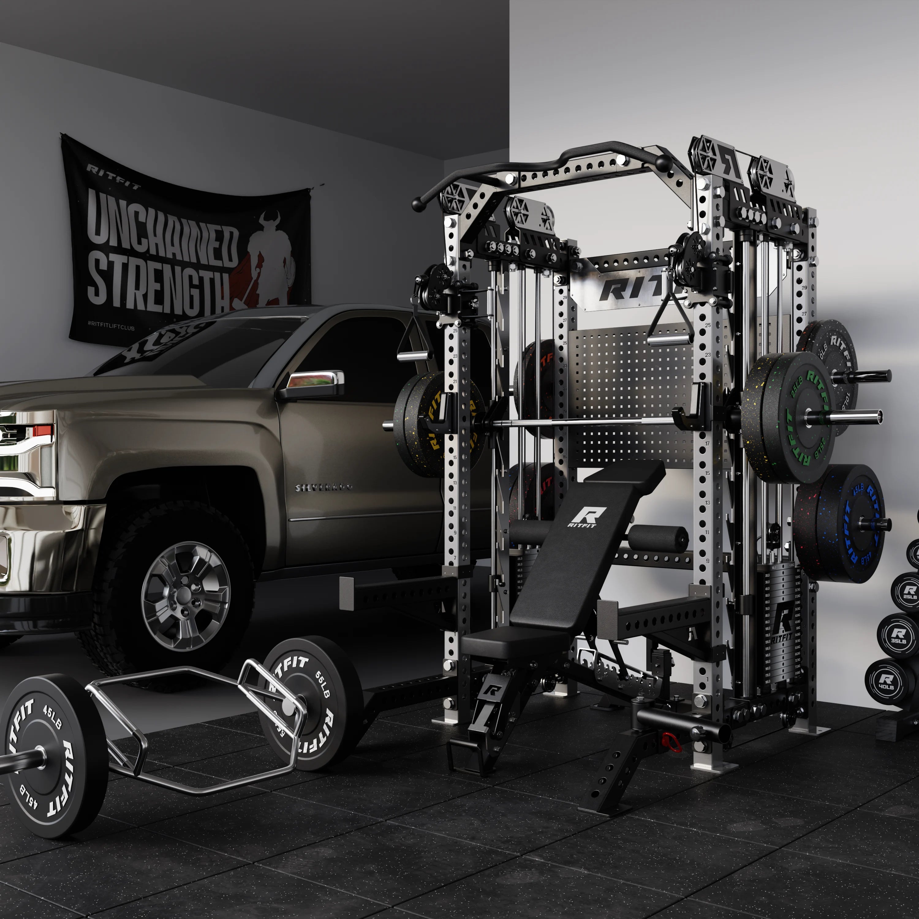 RitFit M3 Home Gym Smith Machine with Cable Crossover, showcasing the multi-function gym rack setup in a home garage.