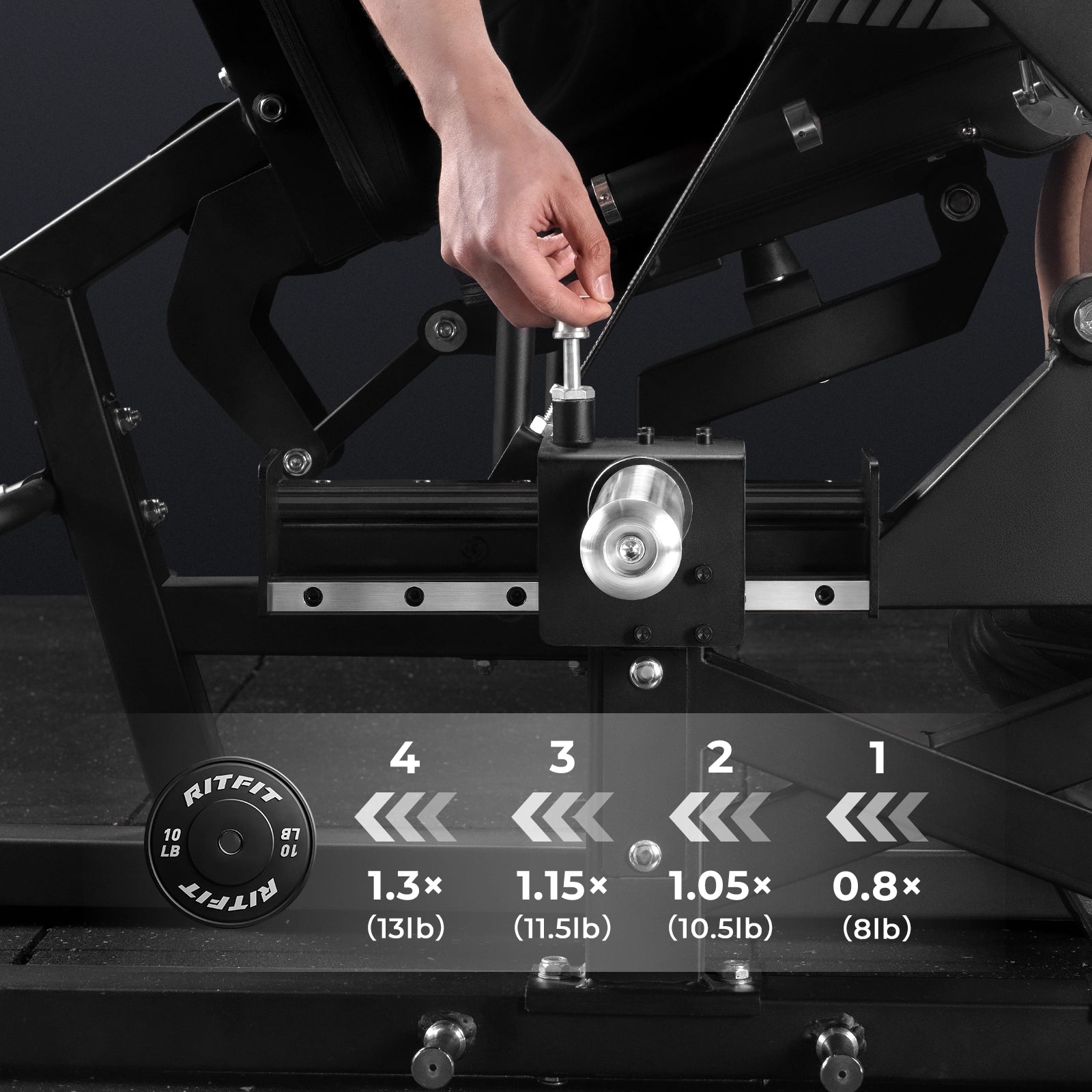 RitFit Mustang PRO leg extension and curl machine for strength training, featuring adjustable settings and padded supports.
