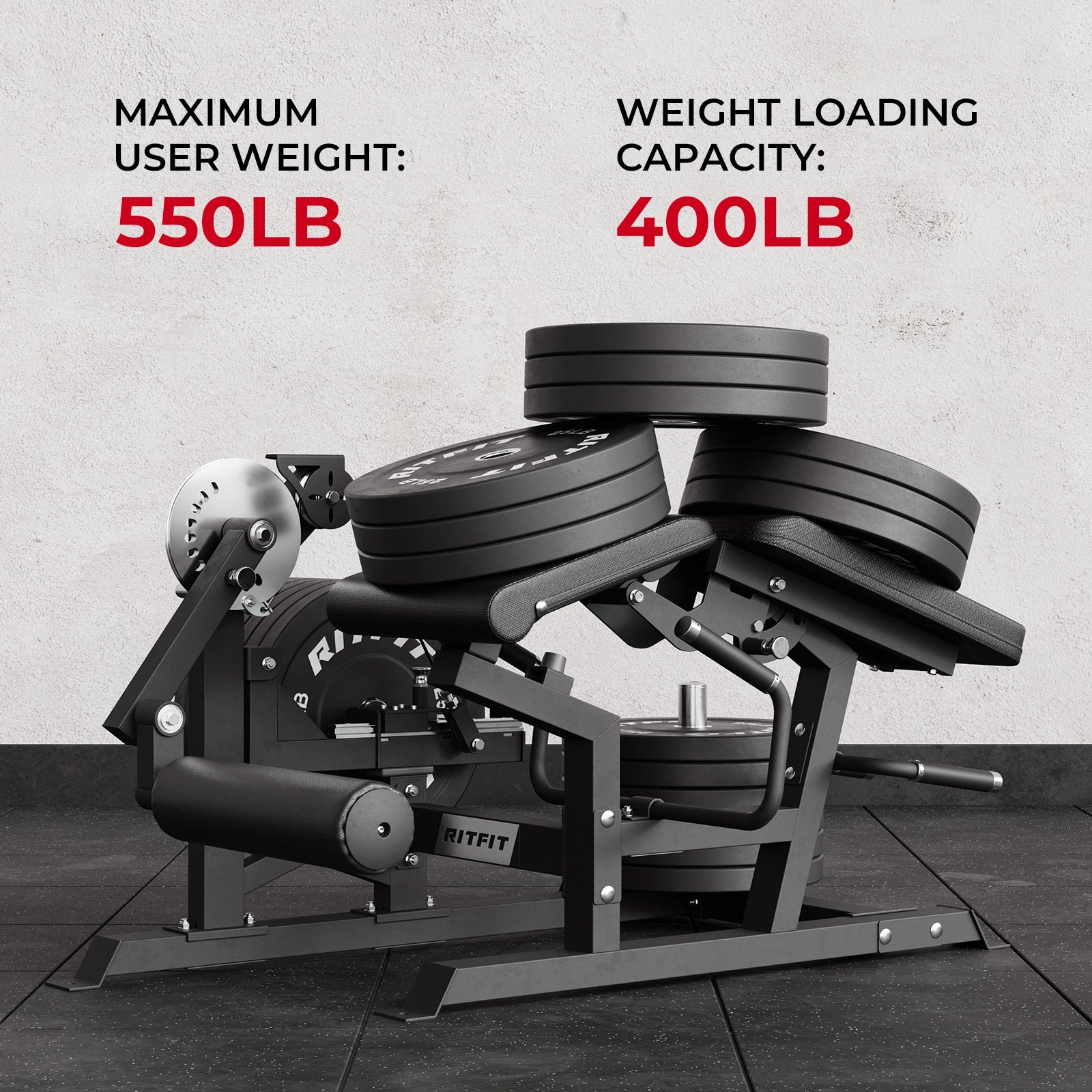 RitFit Mustang PRO leg extension curl machine for strength training, featuring padded seat and adjustable load for effective workouts.