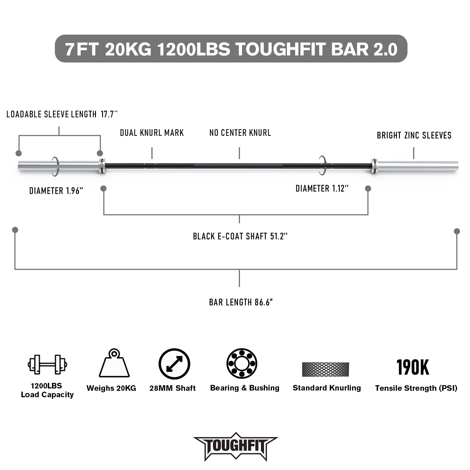 ToughFit 7ft Olympic Barbell Bar 2.0 20KG 1200LBS Capacity