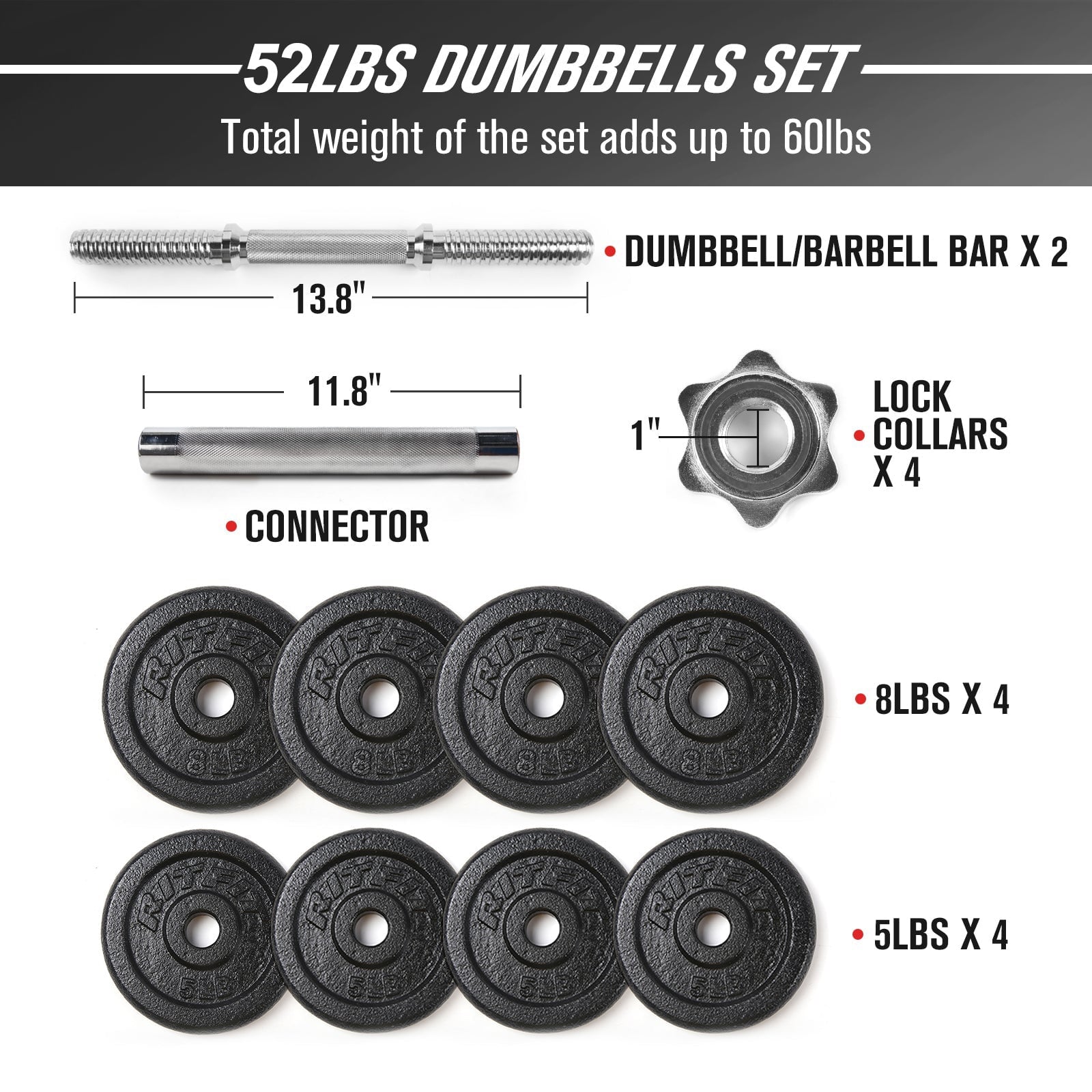 Cast Iron Adjustable Dumbbells 40-100 LBS Set with Connector Weight RitFit 