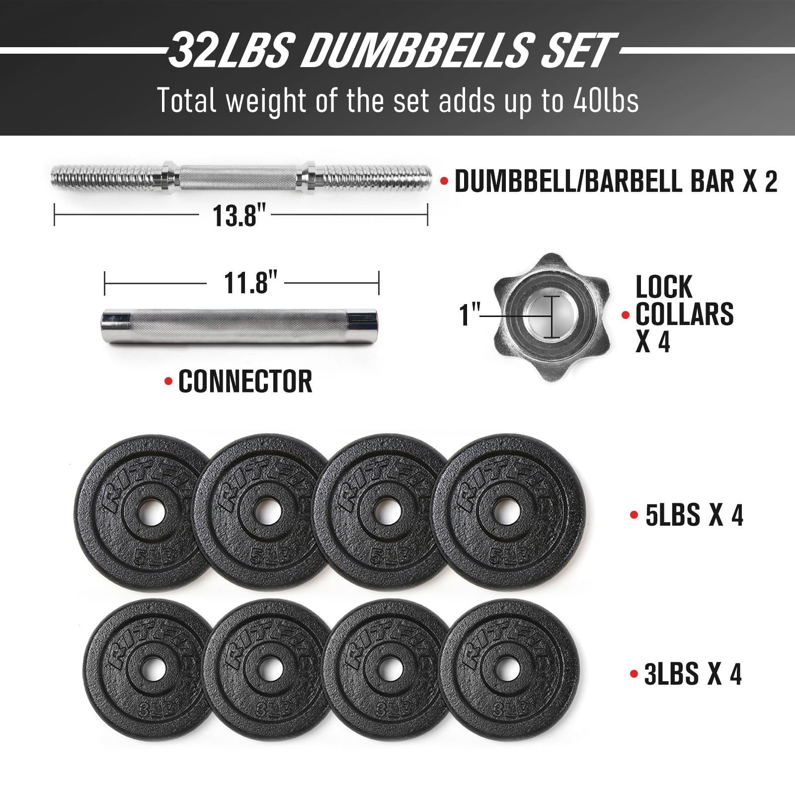 Cast Iron Adjustable Dumbbells 40-100 LBS Set with Connector Weight RitFit 