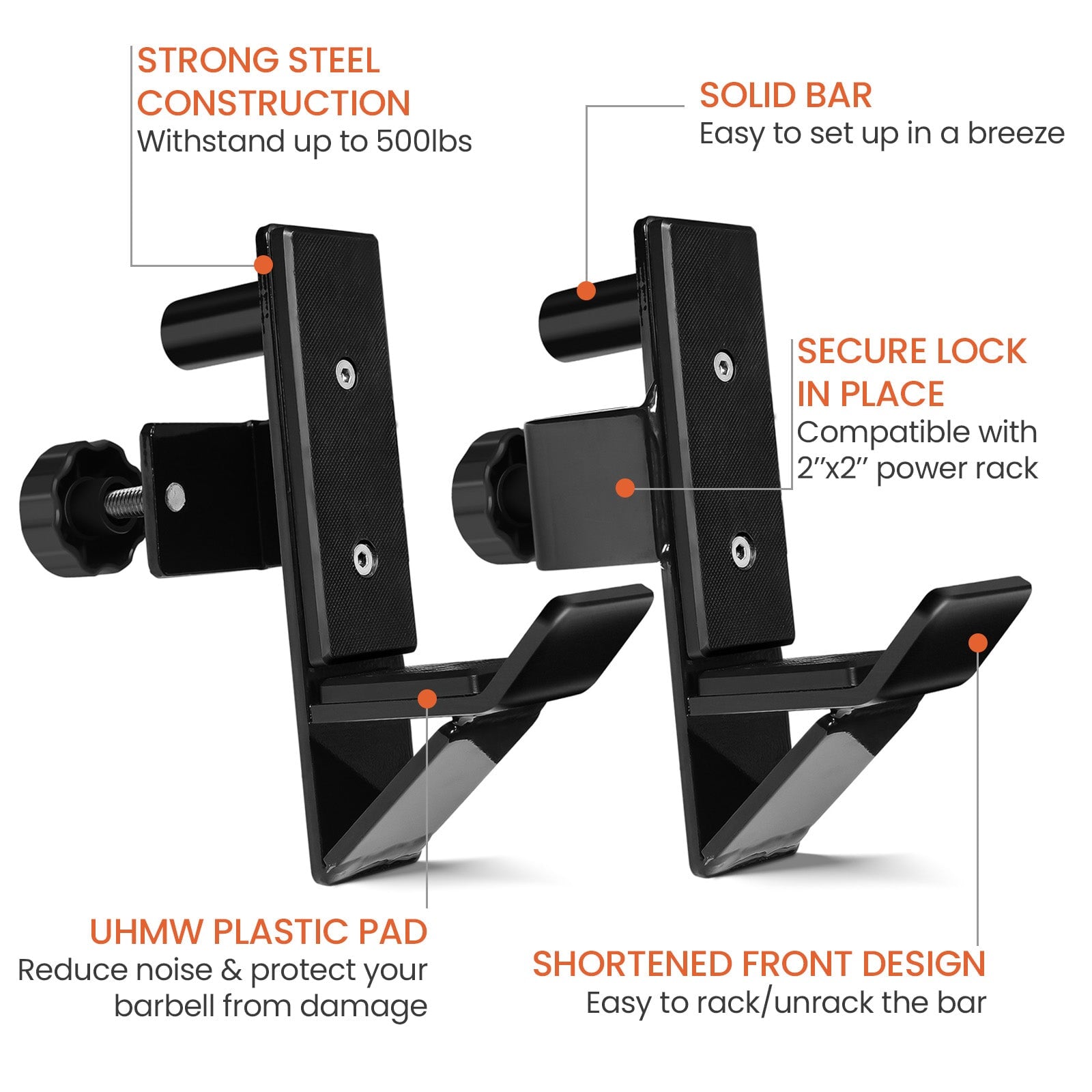 J-Hooks - Heavy Duty Steel Hooks for 2 x 2 Square Tube Power Cages with  1'' Hole - Set of 2