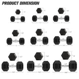 RitFit Rubber Hex Dumbbells Set 10-60 lbs Hex Weights product dimension
