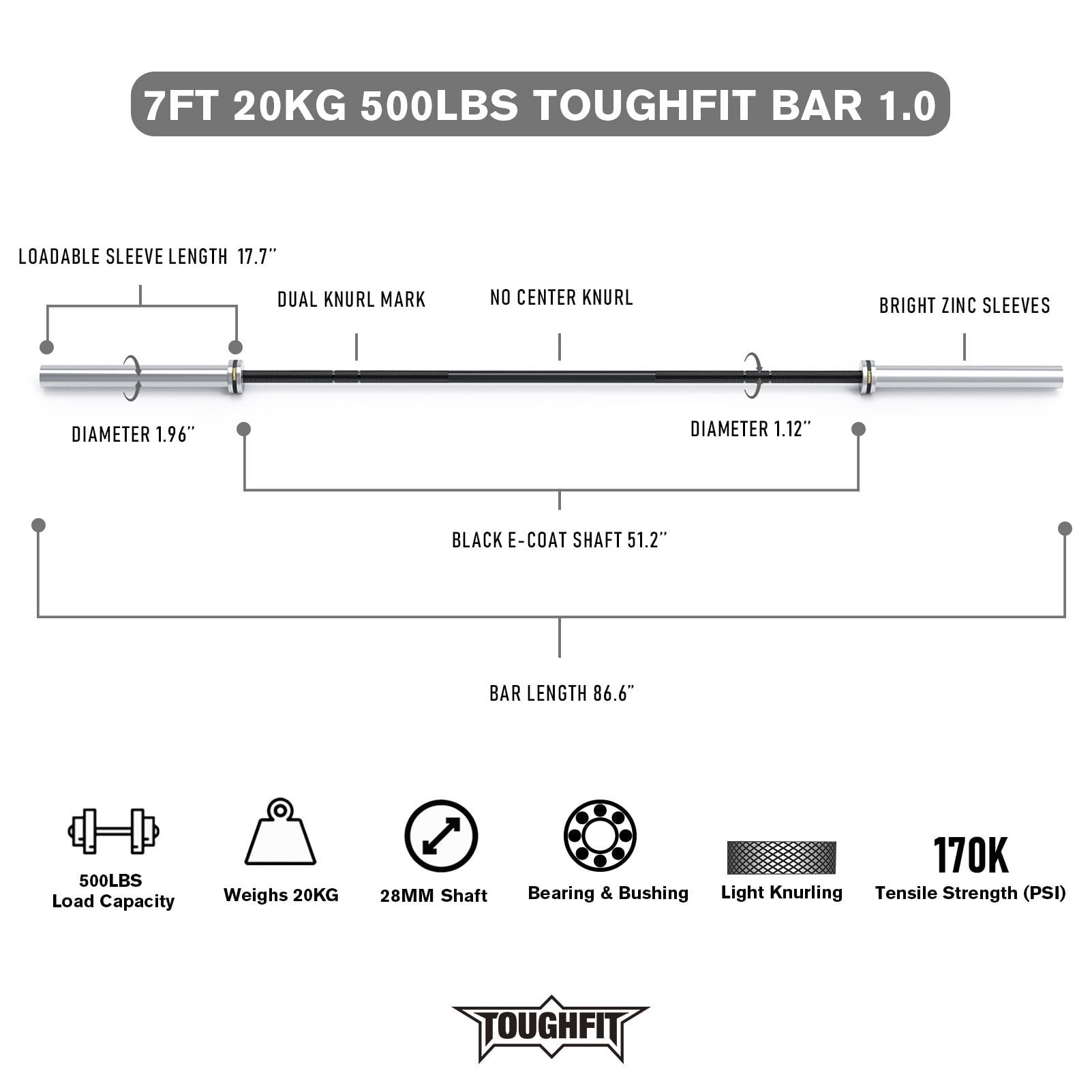 ToughFit 7ft Olympic Barbell 500/1200 lbs Capacity Bars&Plates ToughFit 